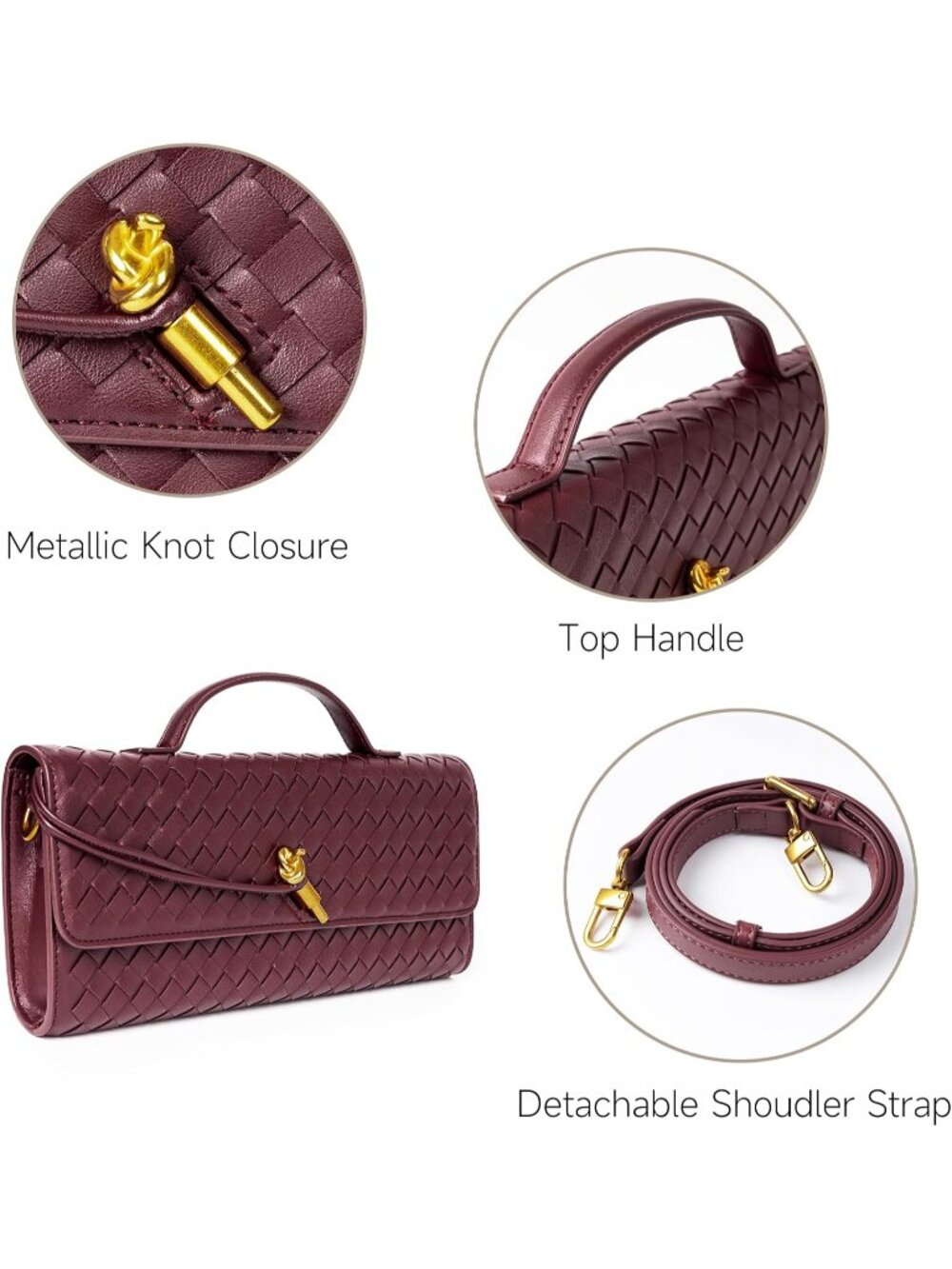 〽️Women's Wine Clutch Purse Woven Vegan Leather Formal Evening Crossbody Bags - Picture 6 of 7